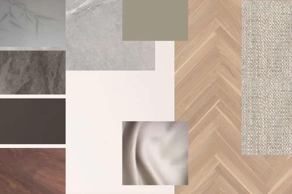 A collage of neutral-colored materials and textures, including concrete, wood, and fabrics, arranged in a visually appealing