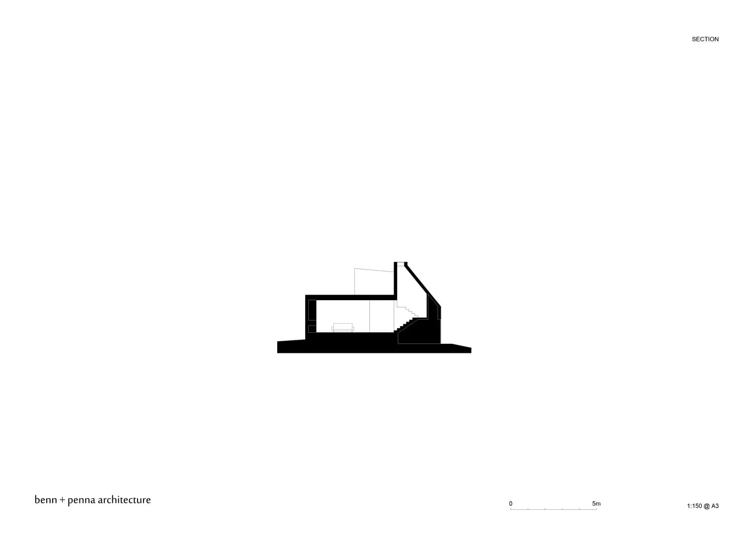 Cross-sectional architectural drawing of a minimalist interior space.