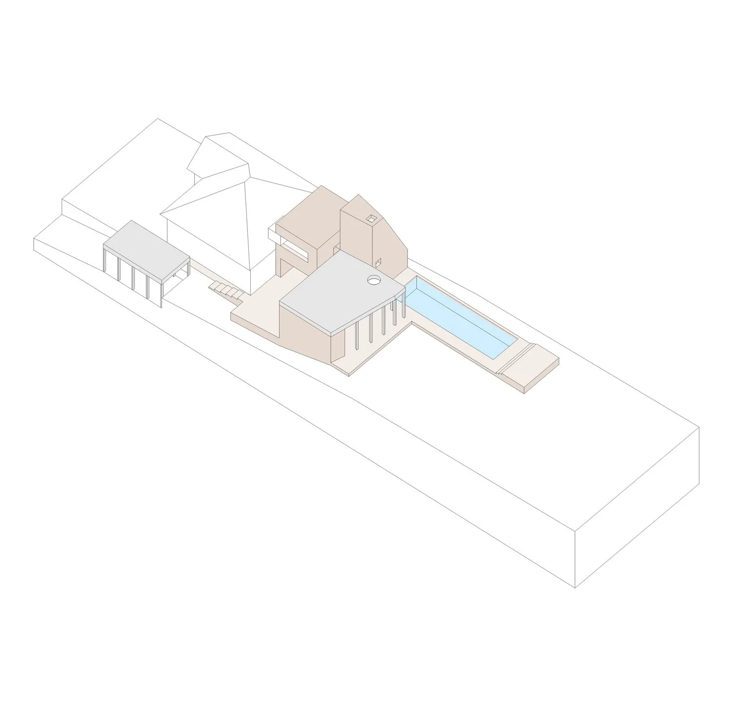 A 3D rendering of a modern house with a pool.