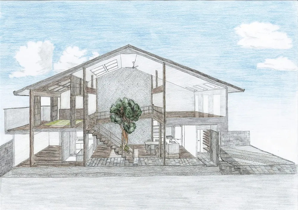 Cross-sectional view of a modern interior design featuring wood, glass, concrete, and brick materials.