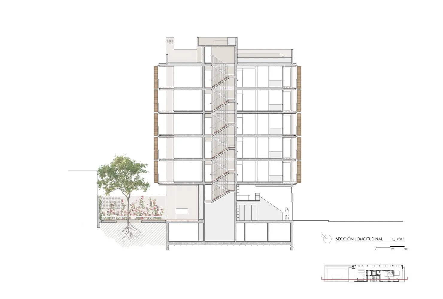 Longitudinal section of a multi-story architectural design featuring stairs, glass windows, and a garden area.
