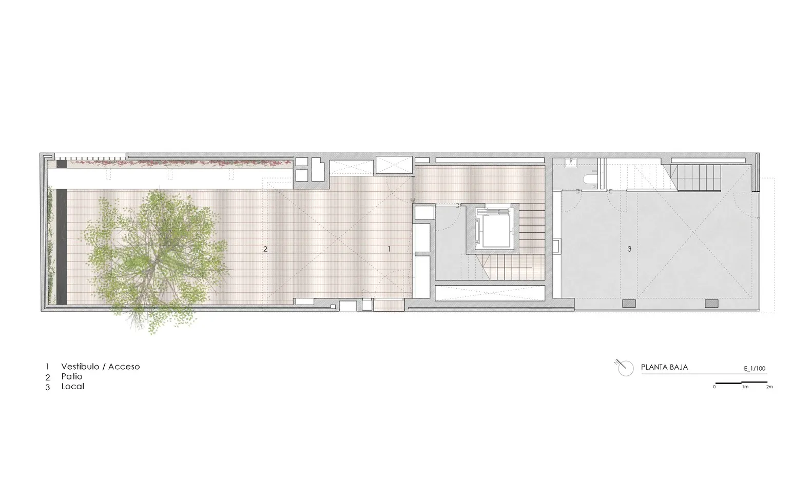 A detailed drawing of a modern architectural floor plan utilizing tile, glass, and wood materials