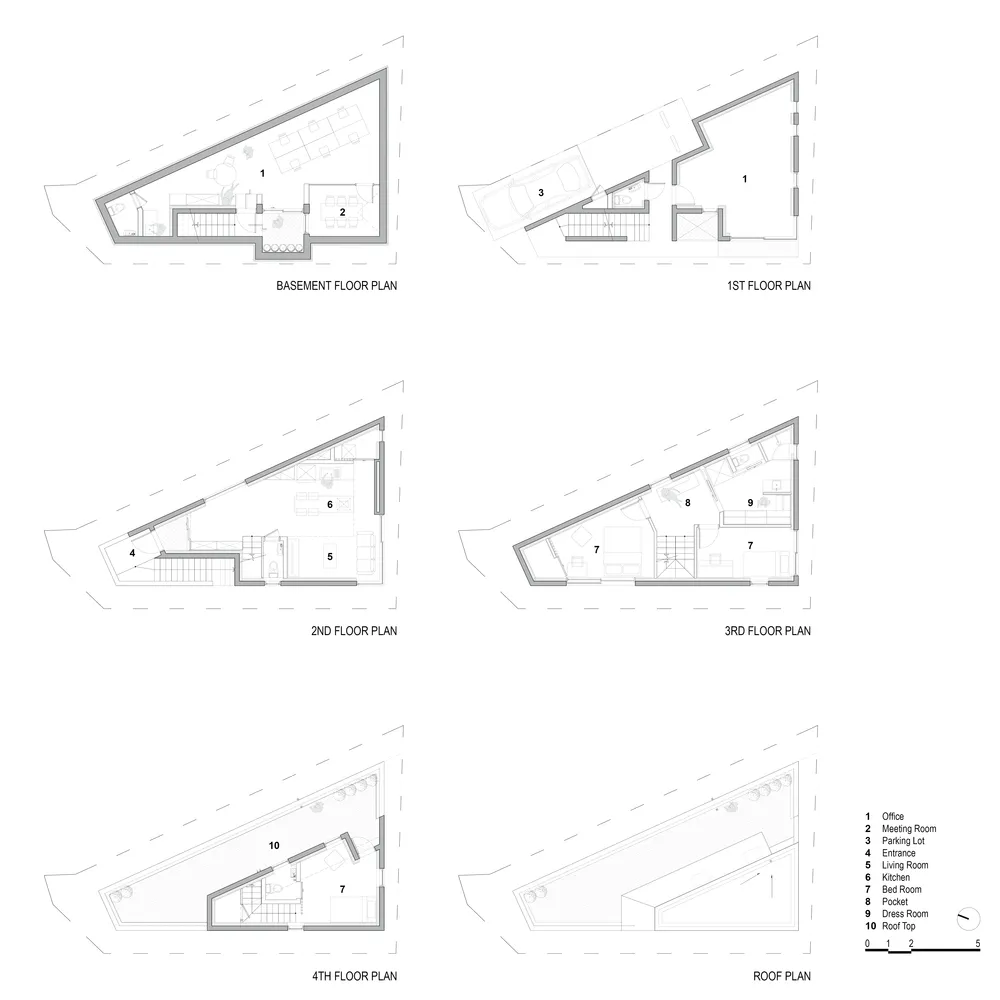 Building layout depicted in a floor plan with multiple levels and labeled rooms.