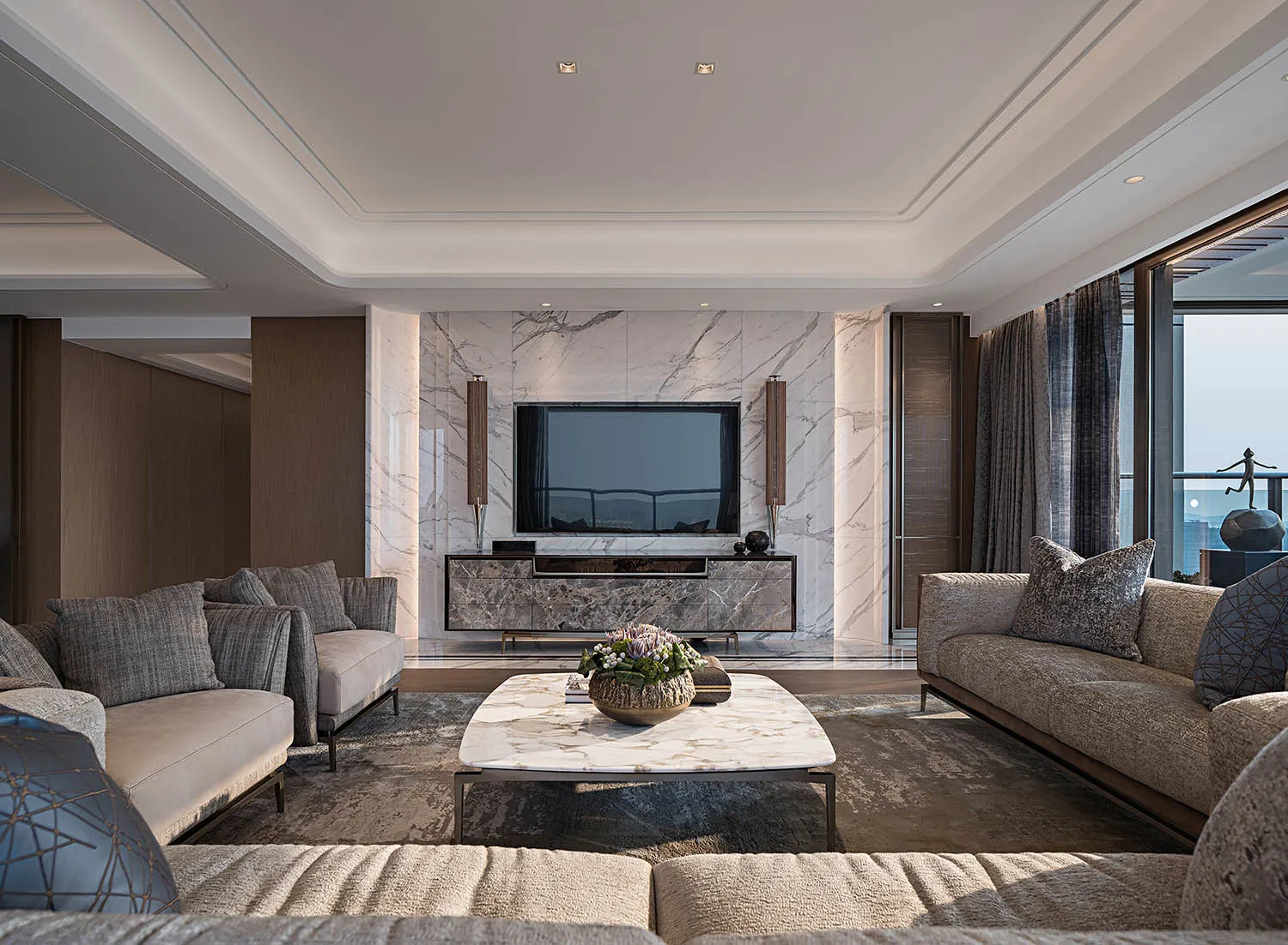 Modern living room with marble walls, suede sofas, and wooden accents.