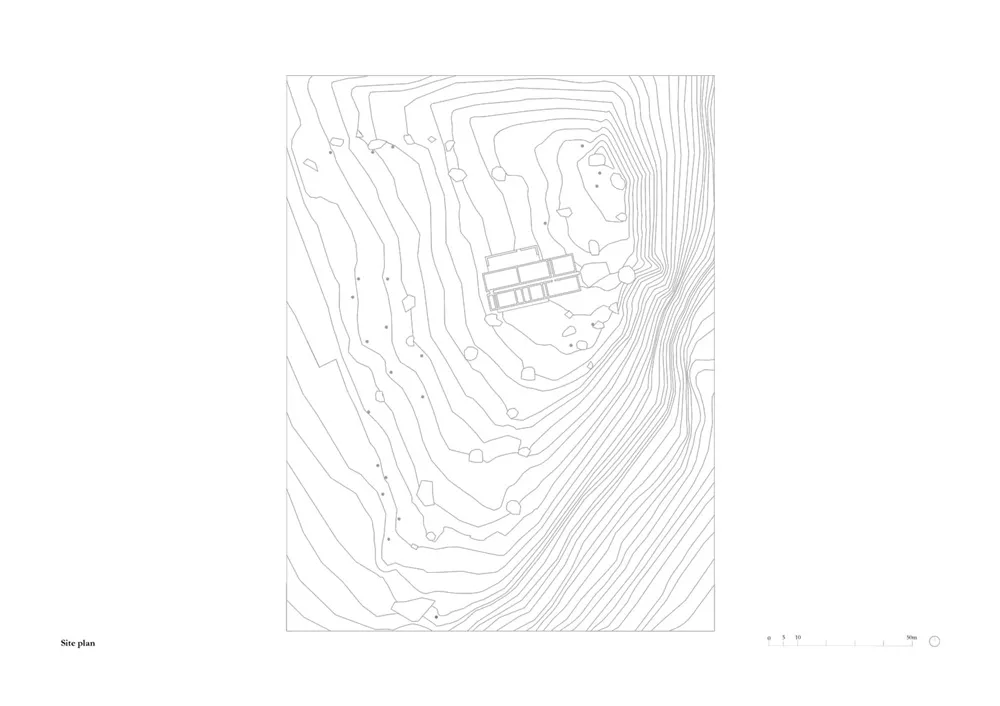 A detailed topographical map of a site with labeled structures and points of interest.