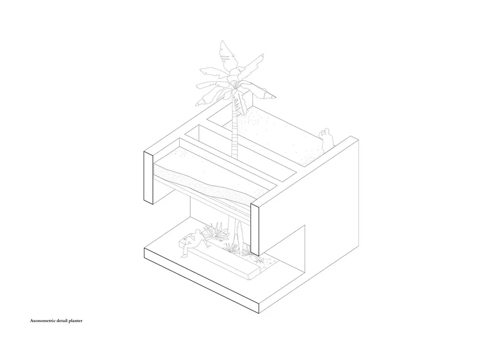 等角視圖的室內空間，展示混凝土植栽盆內種有棕櫚樹與其他植物。