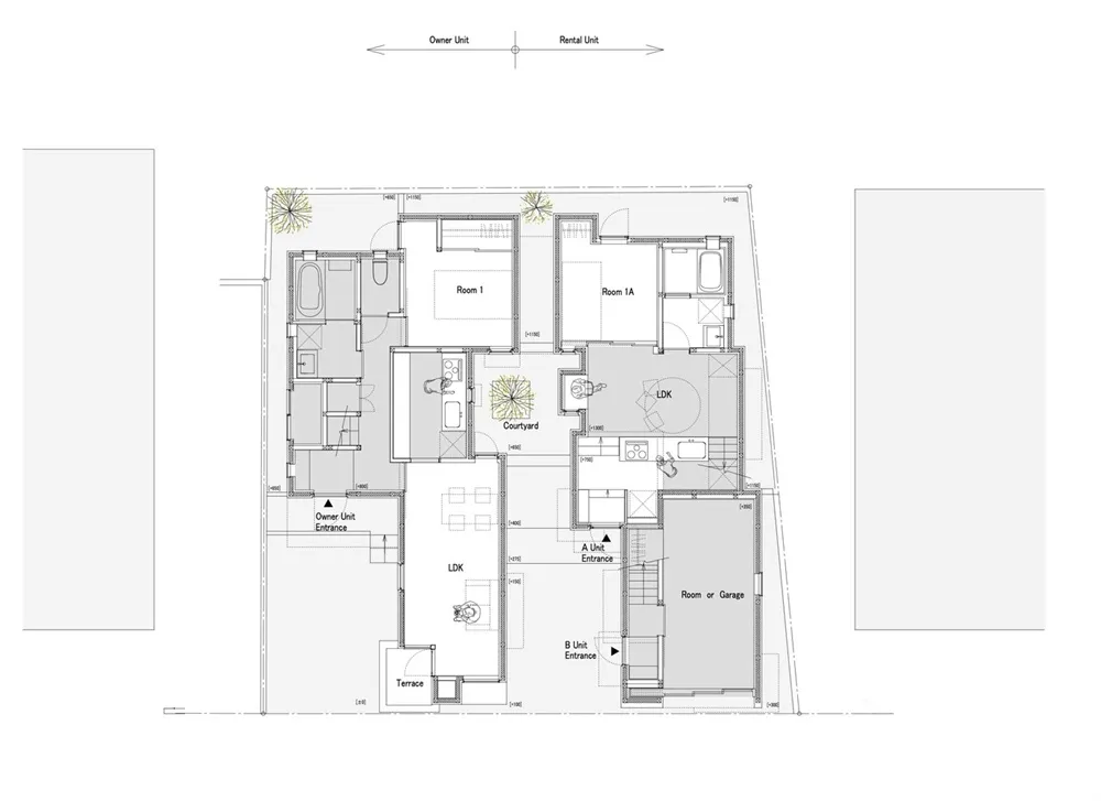 一張詳細的2D建築圖，展示現代住宅建築的平面配置。