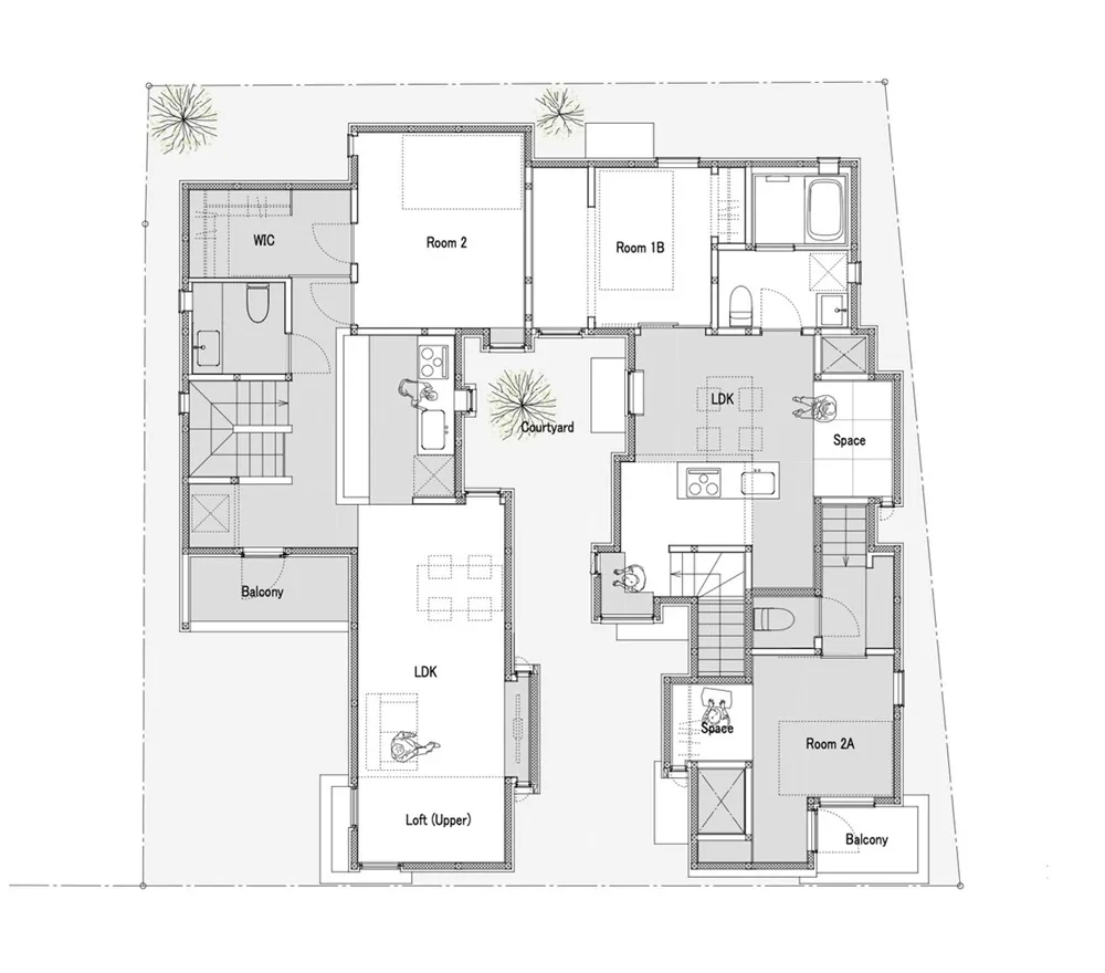 A modern house layout featuring multiple rooms, balconies, and a courtyard.