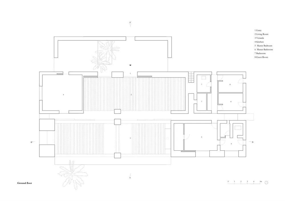 現代住宅平面圖的2D建築繪圖,採用混凝土與玻璃材質。