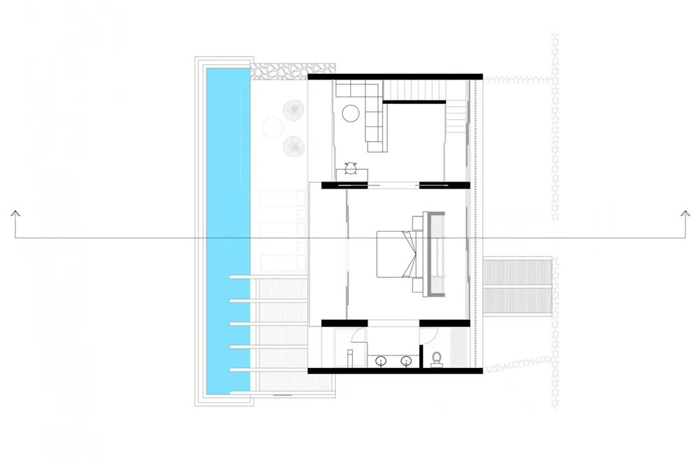 Modern apartment floor plan with a living area, bedroom, kitchen, and bathroom.