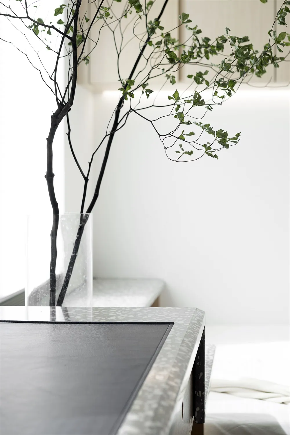 A minimalist interior design featuring a glass vase with green foliage on a sleek, modern surface.