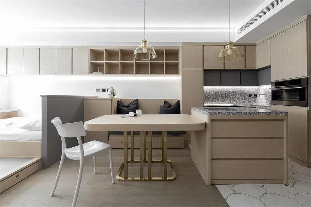 Modern kitchen and dining area with wooden and metal finishes