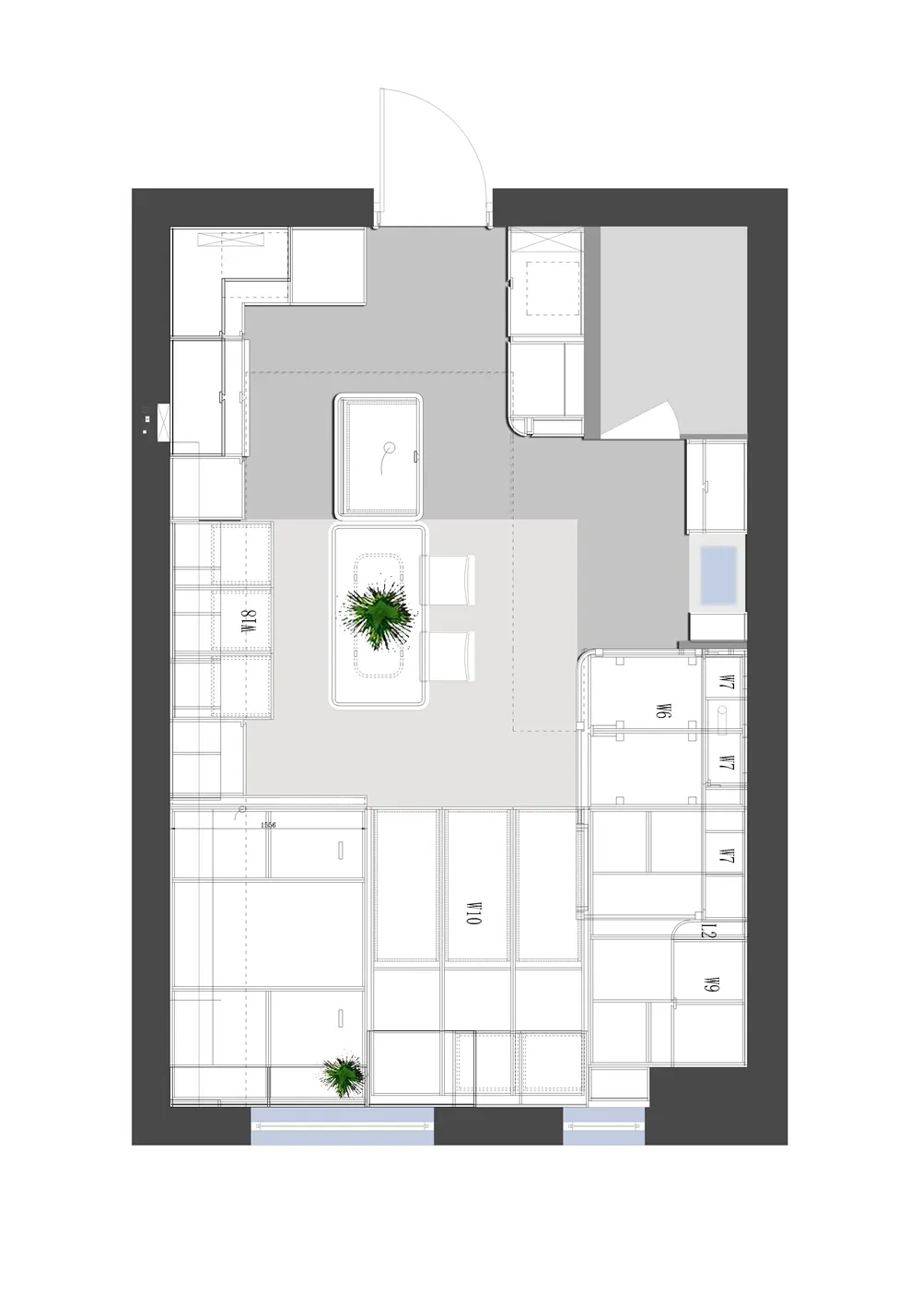 公寓平面圖的詳細2D建築繪圖,展示房間與家具的配置。