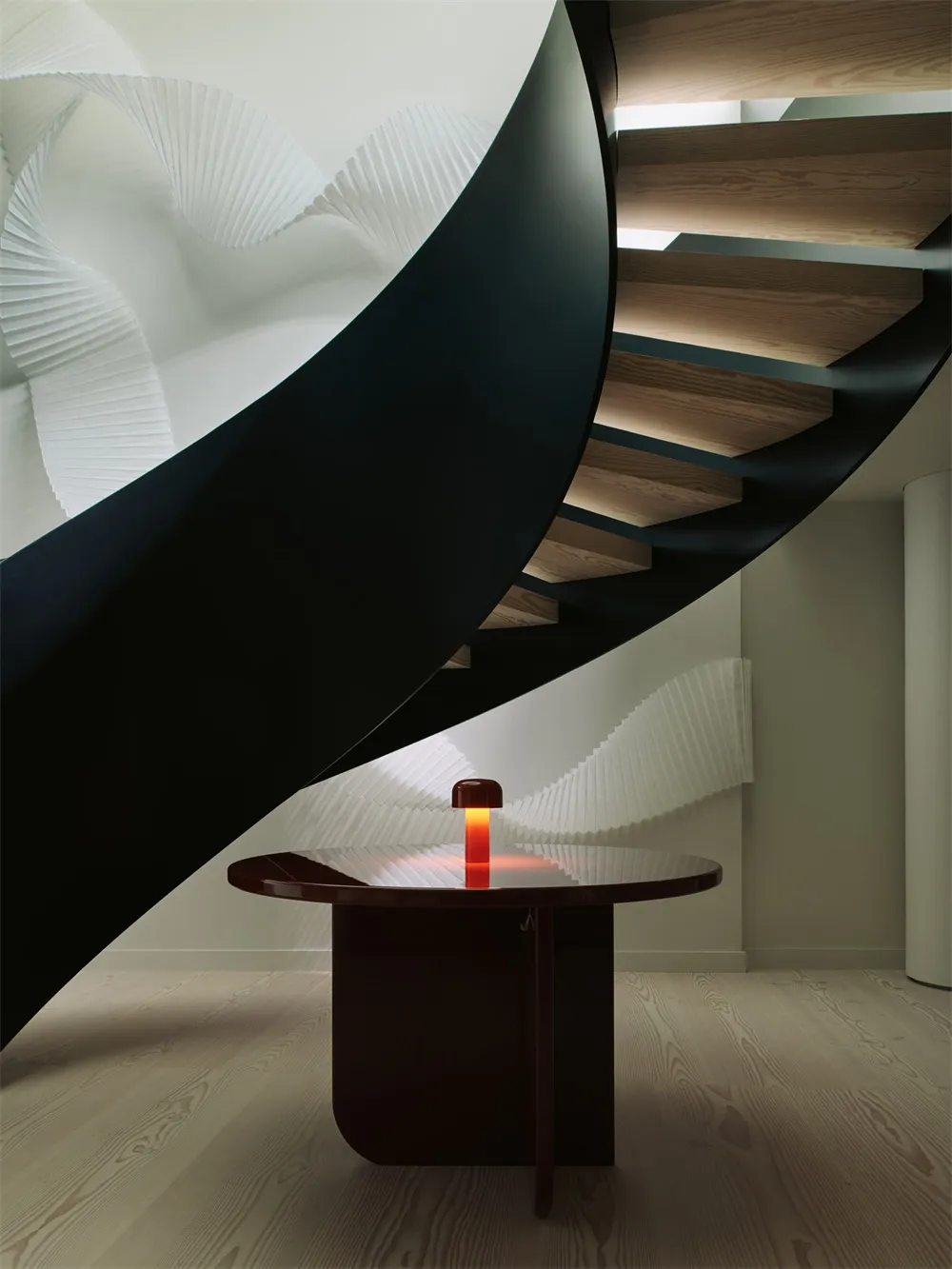 Modern interior design featuring metal and wood materials.