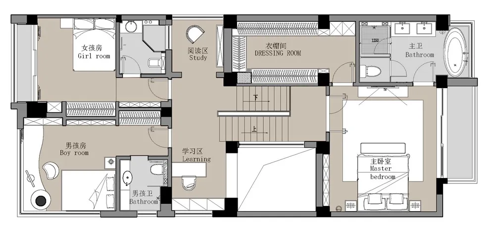 Floor plan of a modern home showcasing a neutral color scheme.