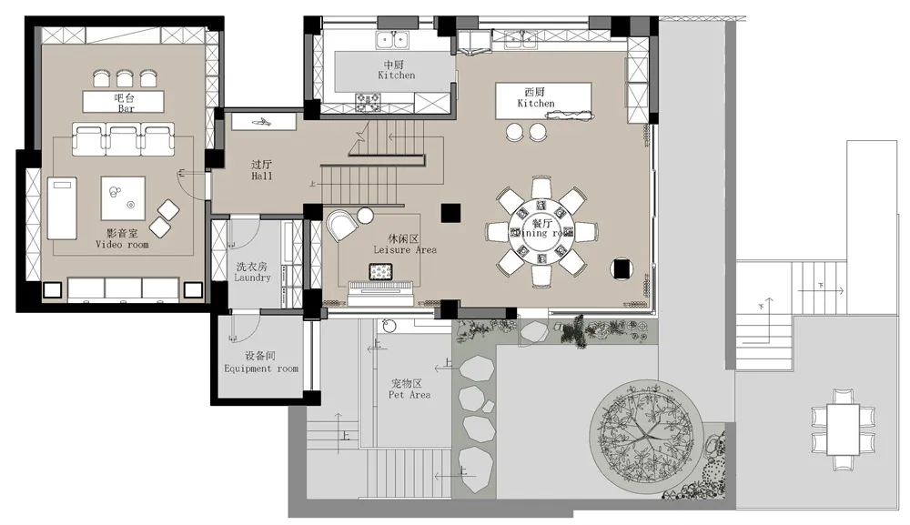 Modern living room design with minimalist furniture, open space, and a central dining area.