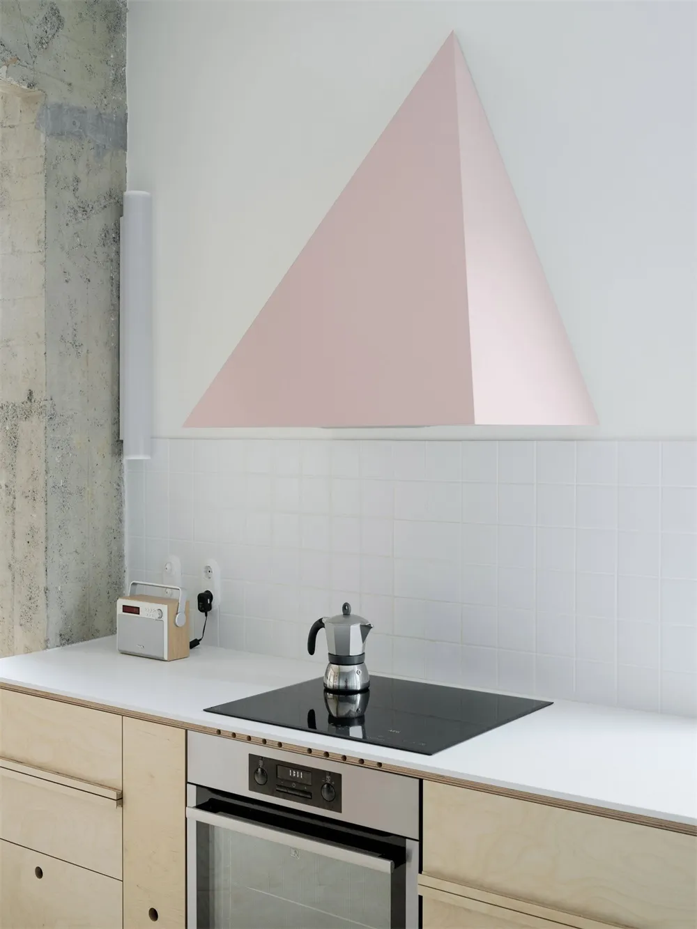 Modern minimalist kitchen featuring a sleek, contemporary design with a white countertop.