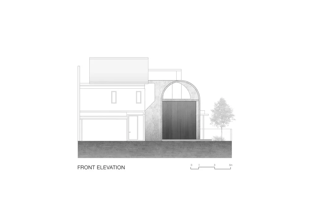 A rendered front elevation of a residential house made of cement material, featuring a large wooden gate and a single-story s