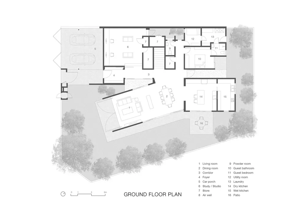住宅建築一樓平面配置的詳細建築藍圖，顯示房間、窗戶與門的位置。