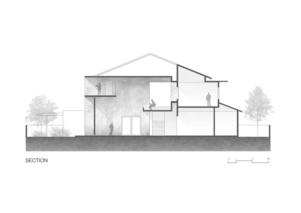 An architectural section drawing of a modern house with concrete elements, featuring both exterior and interior sections.