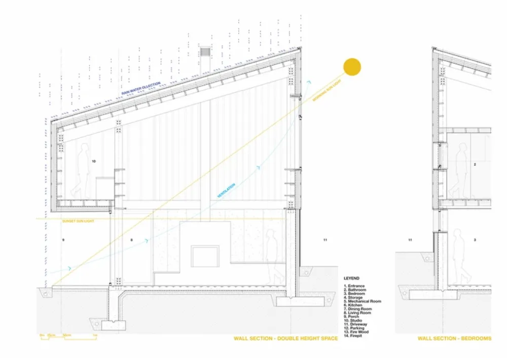 An architectural drawing of a modern industrial home interior showcasing materials such as metal, glass, and concrete.