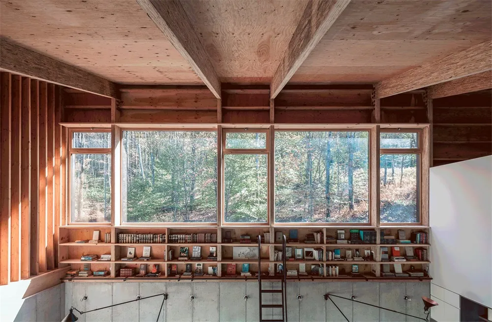 A modern interior featuring wooden shelves and a large window overlooking a forest.