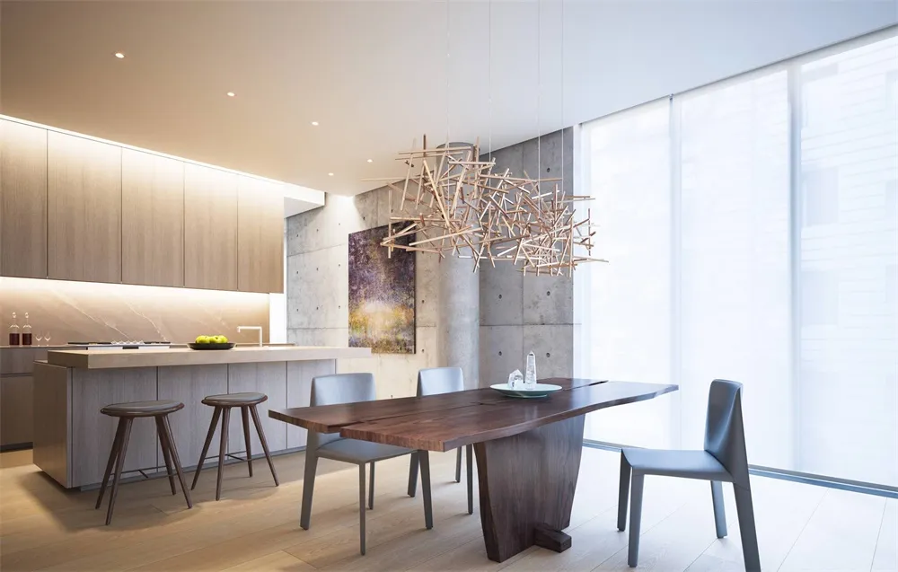 Modern kitchen featuring wooden dining table and chairs, minimalist decor, and concrete walls
