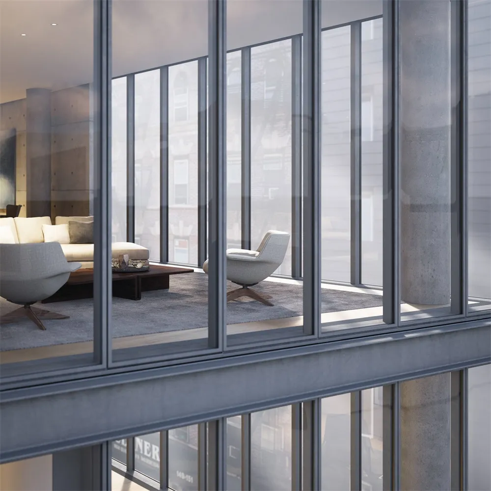 A modern living room with large glass windows.
