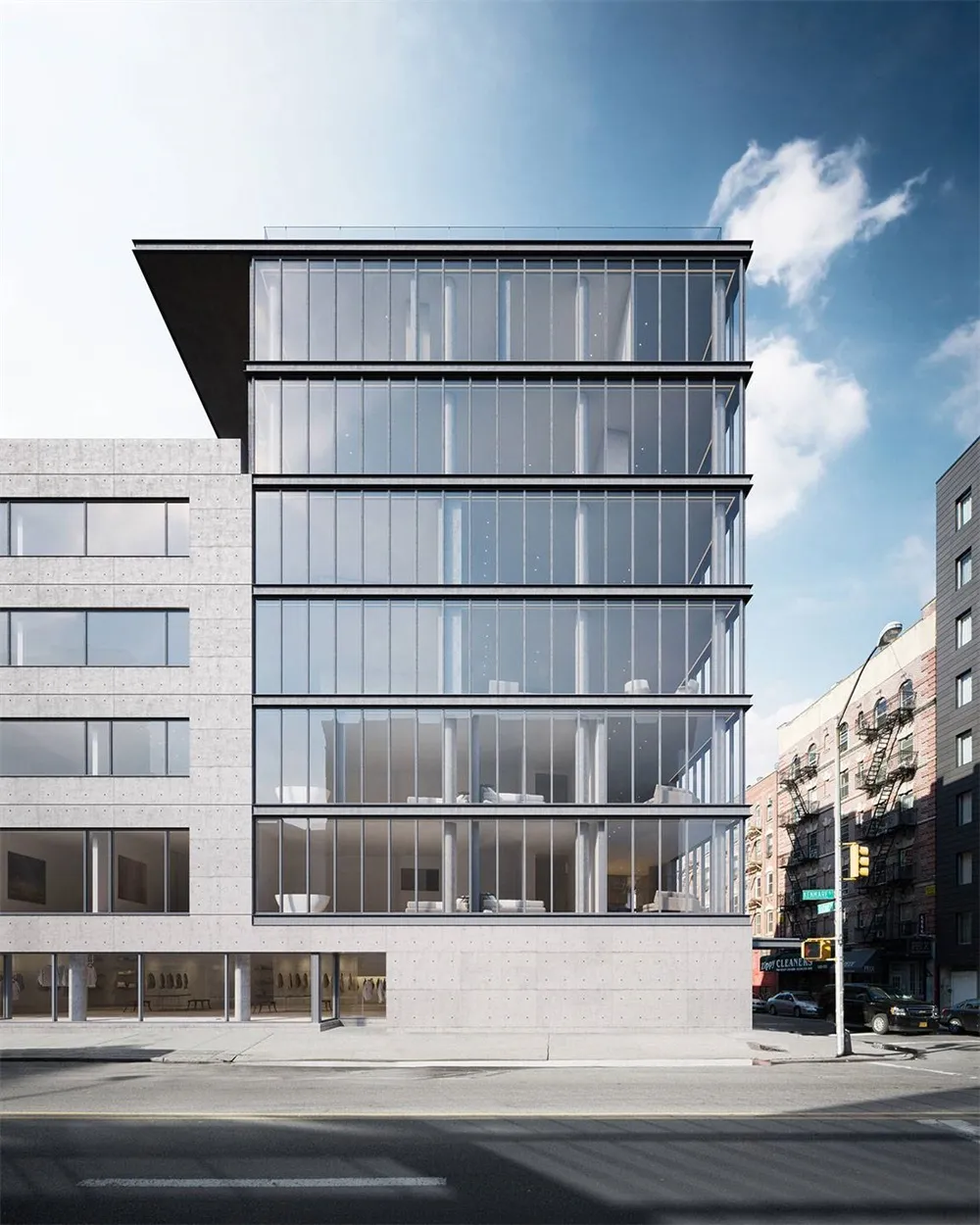A modern office building with large glass windows