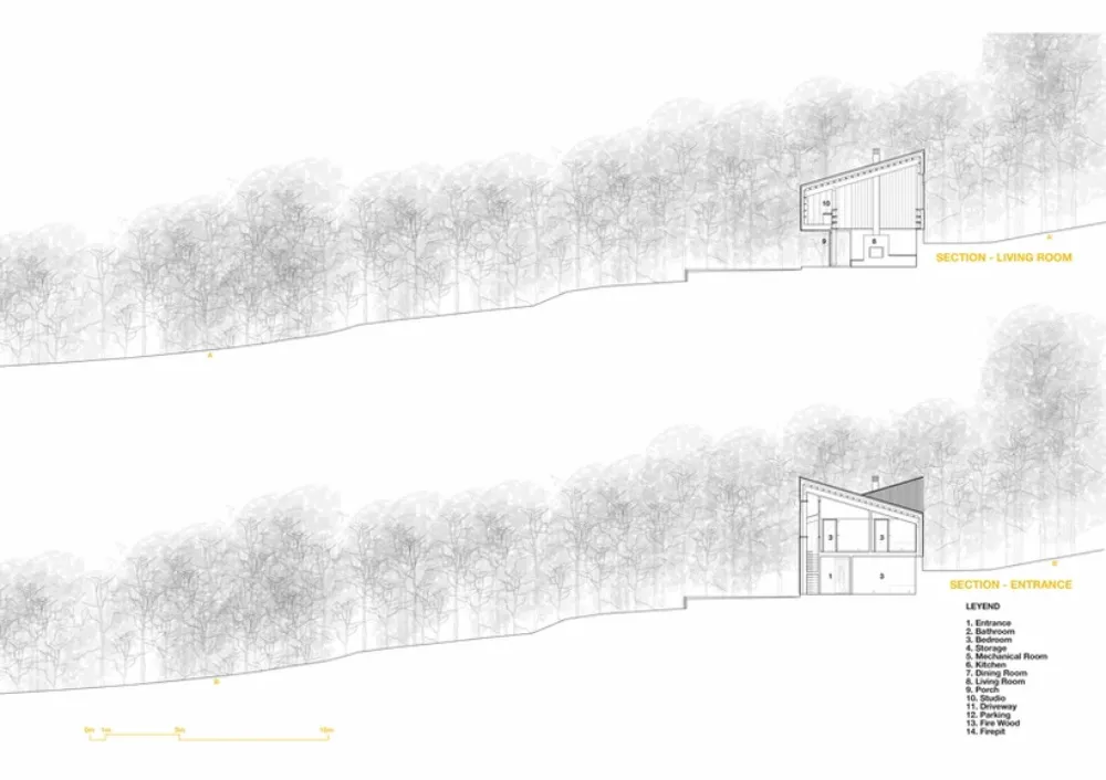 Modern residential architectural section plan showing living room and entrance areas.