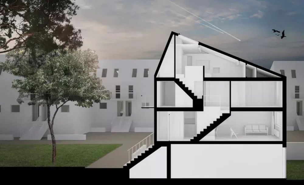 Cross-sectional drawing of a modern residential interior with concrete walls and floor.