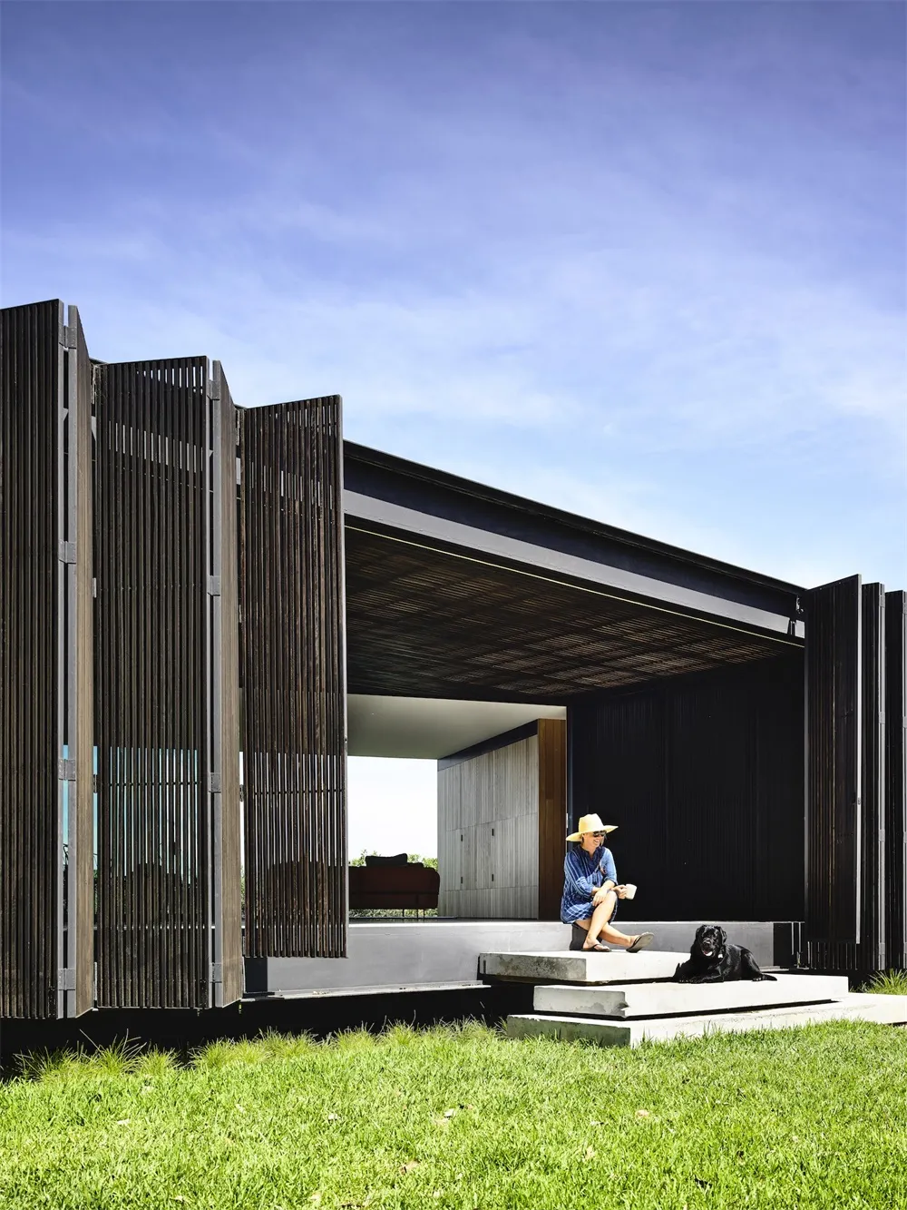 A modern minimalist exterior featuring wooden panels and an open-air living area with a person and a dog.