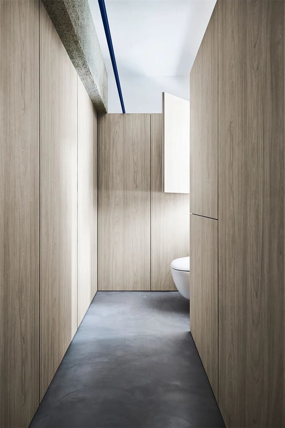 Modern bathroom with wooden walls and floor