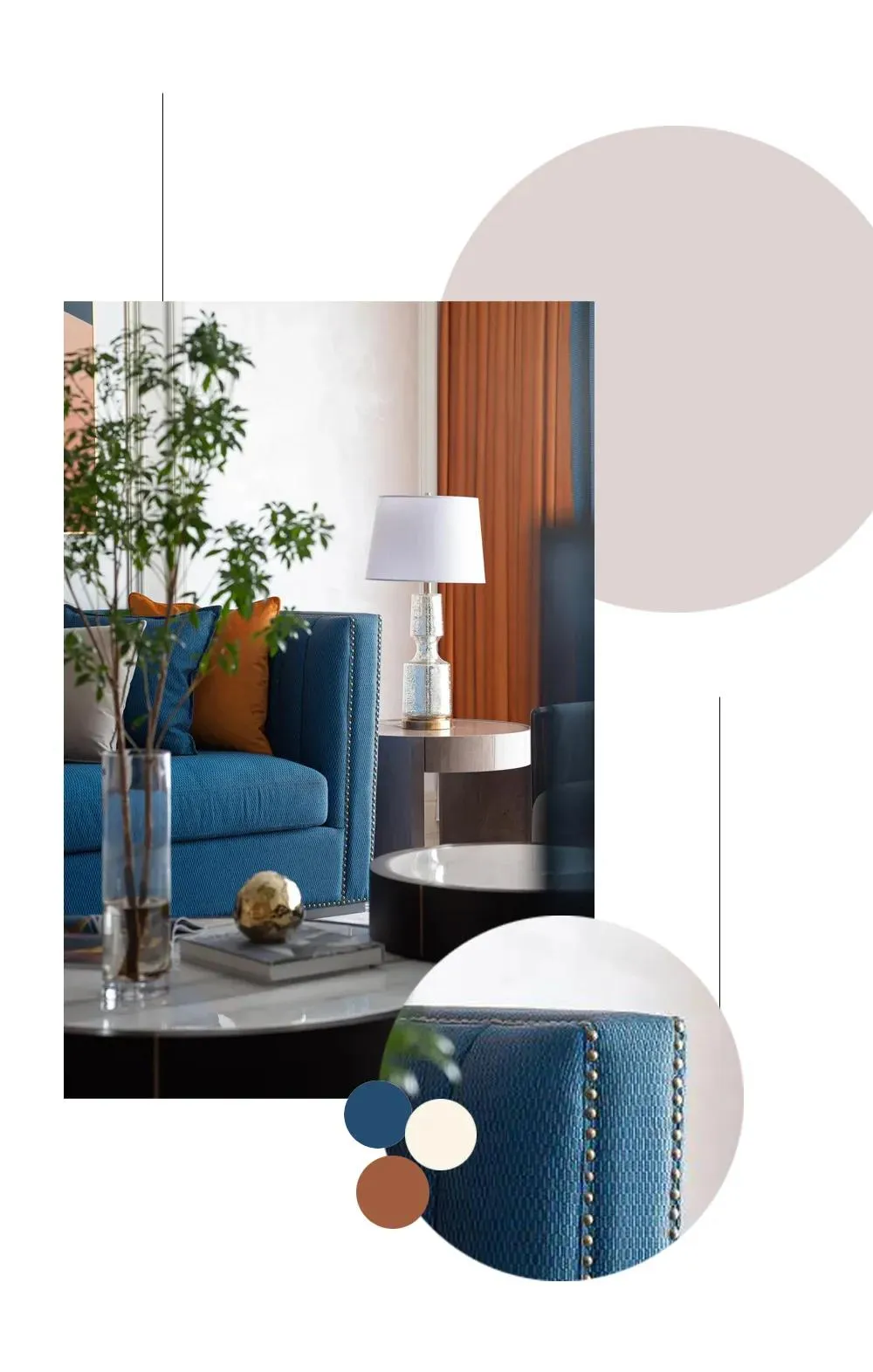 Modern living room featuring a blue upholstered sofa, side table, green plant, and coffee table.