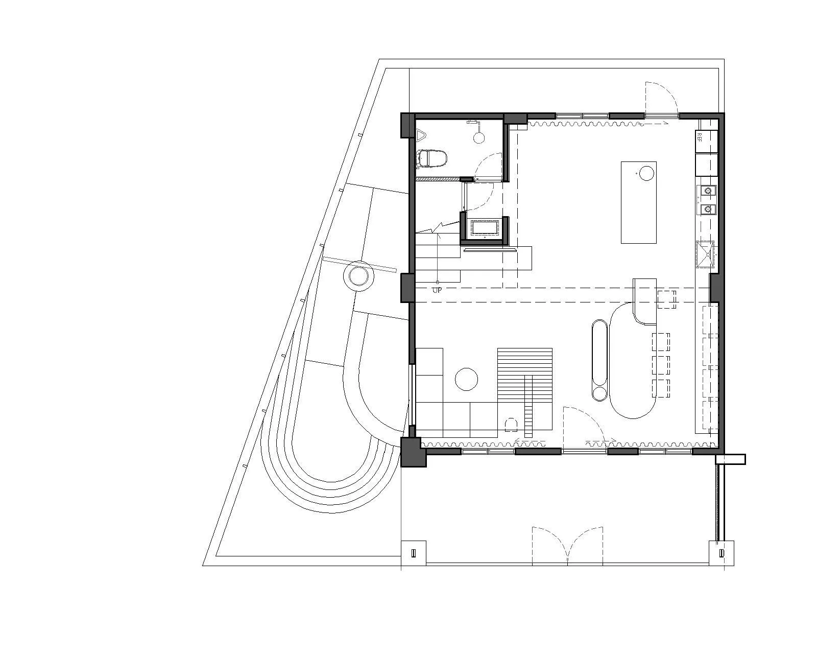 2D technical drawing of a modern residential architectural layout with mixed materials and minimalistic design.