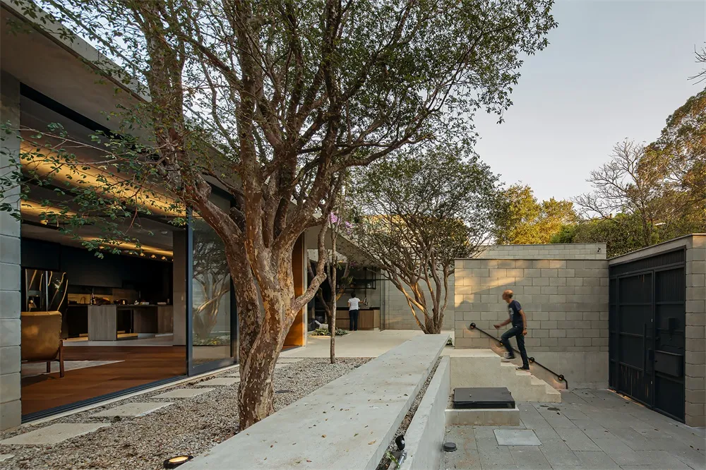 Modern interior design featuring a concrete and glass house with a garden.