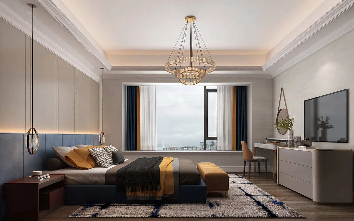 A modern minimalist bedroom with textured fabric bedding and a large window overlooking a cityscape.