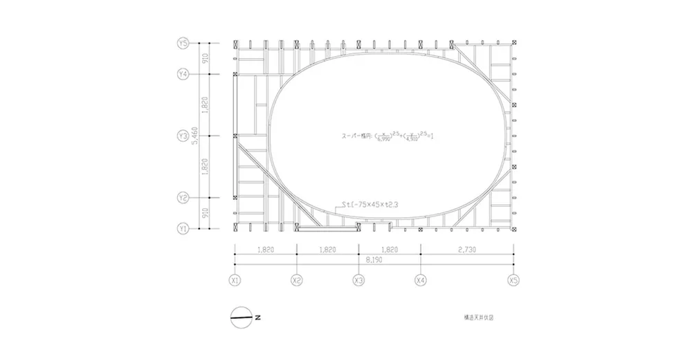 An oval-shaped building plan with dimensions and structural details.