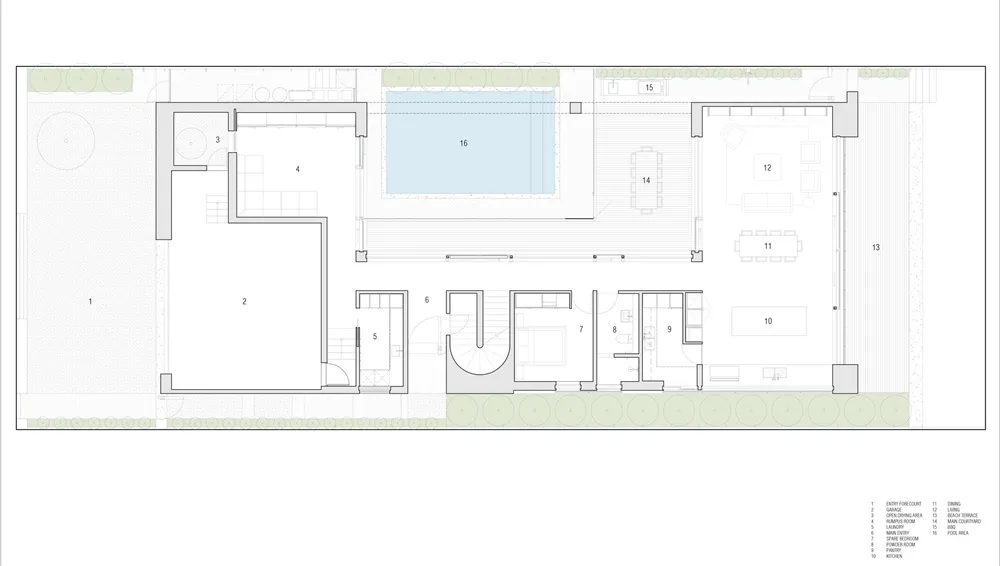 簡化現代住宅平面圖,展示開放式客廳、餐廳、廚房與臥室