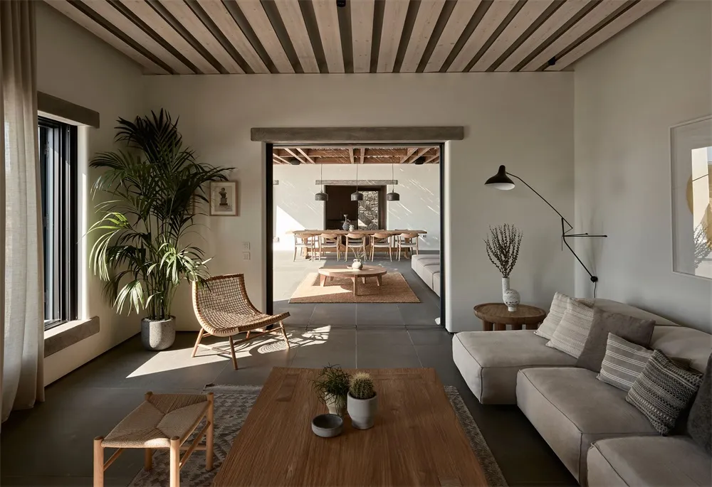 A minimalist living room featuring concrete and wood materials, with a couch, coffee table, and potted plants.