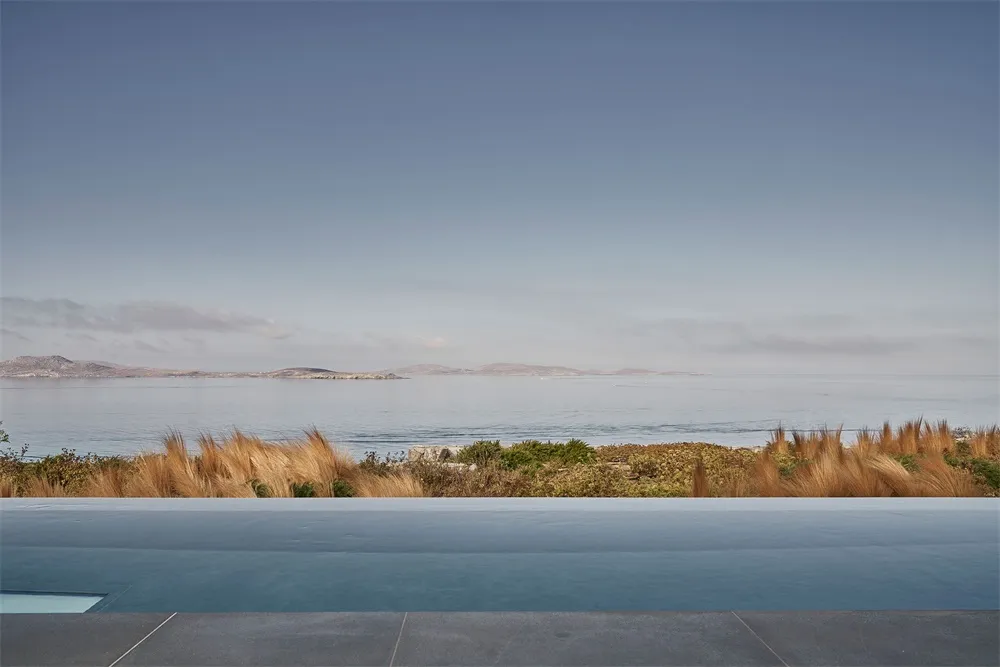 A serene ocean view featuring a swimming pool with wind-blown grass in the foreground.