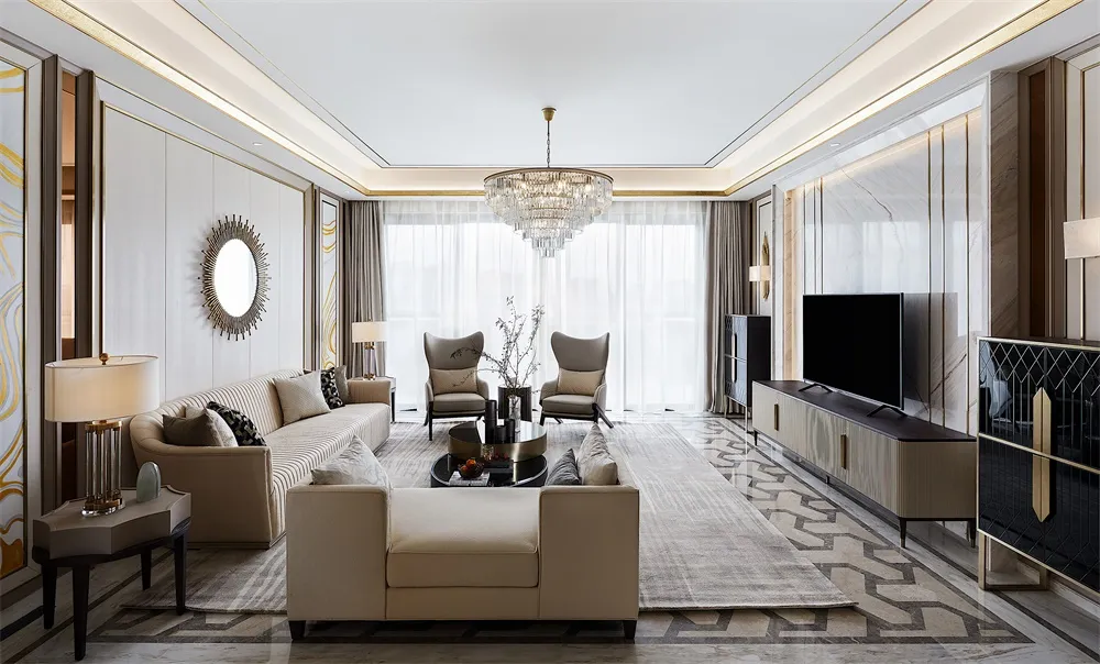 A modern living room with a marble floor, leather sofa, and glass coffee table.