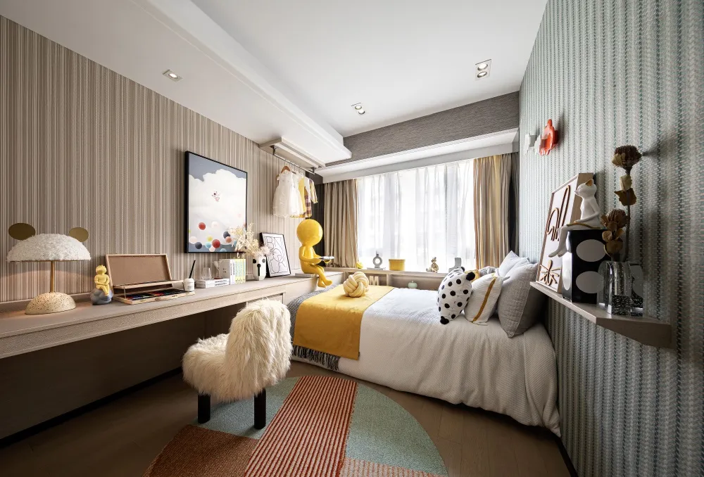 A minimalist bedroom featuring a bed, desk, and various decorative items.