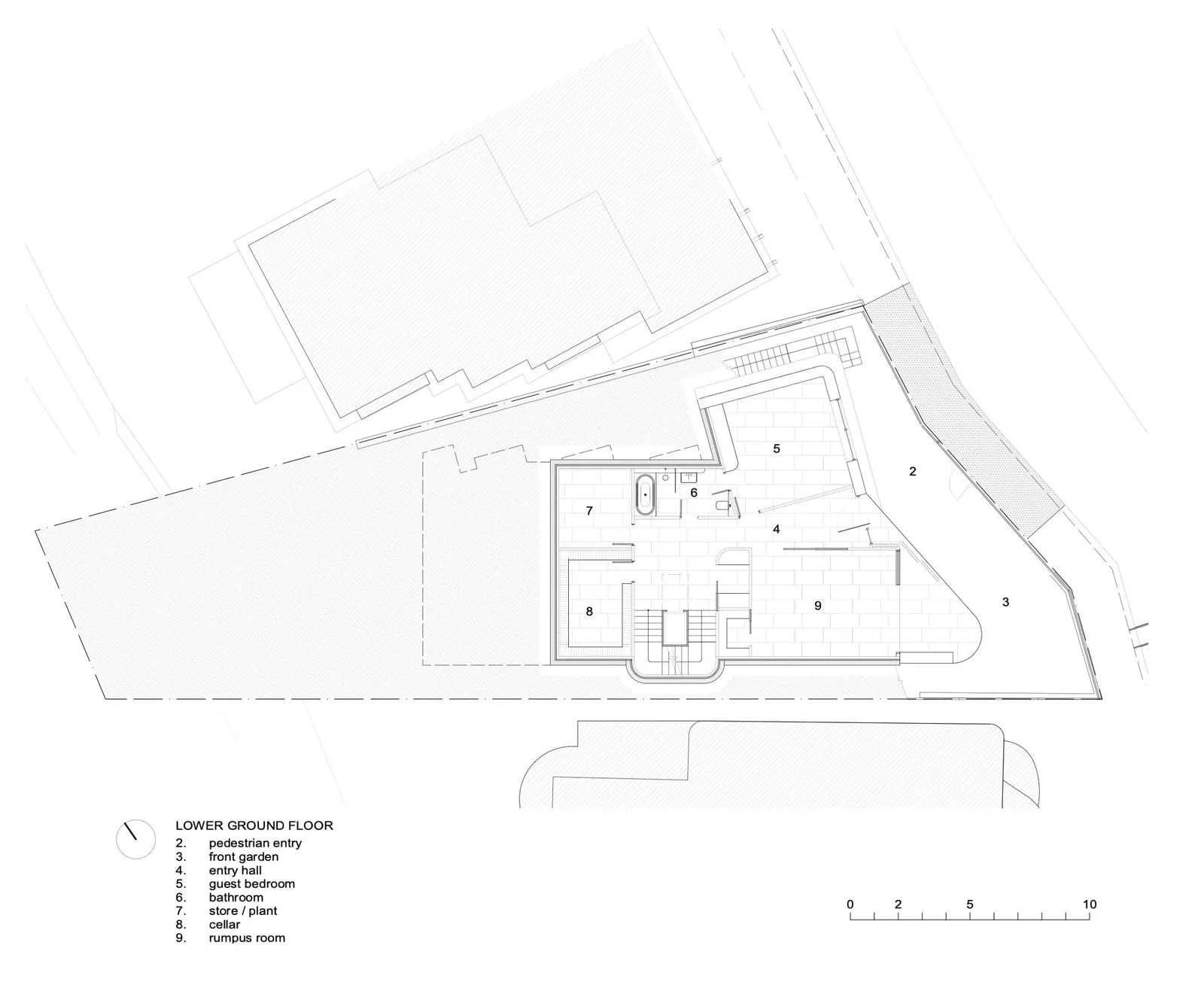 一張住宅一樓平面圖的2D建築繪圖,展示房間與空間的配置。