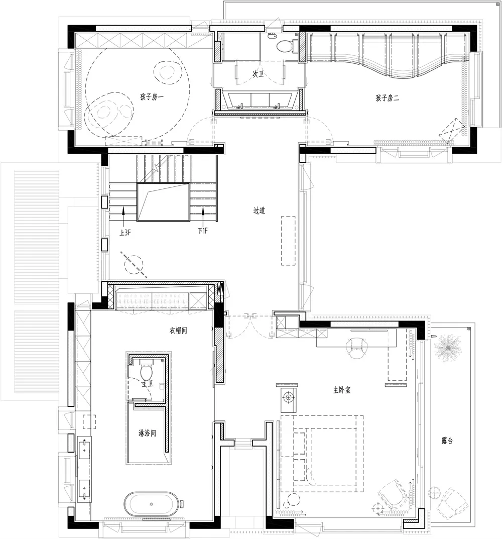 極簡風格的建築平面圖,呈現住宅生活空間與功能區域。