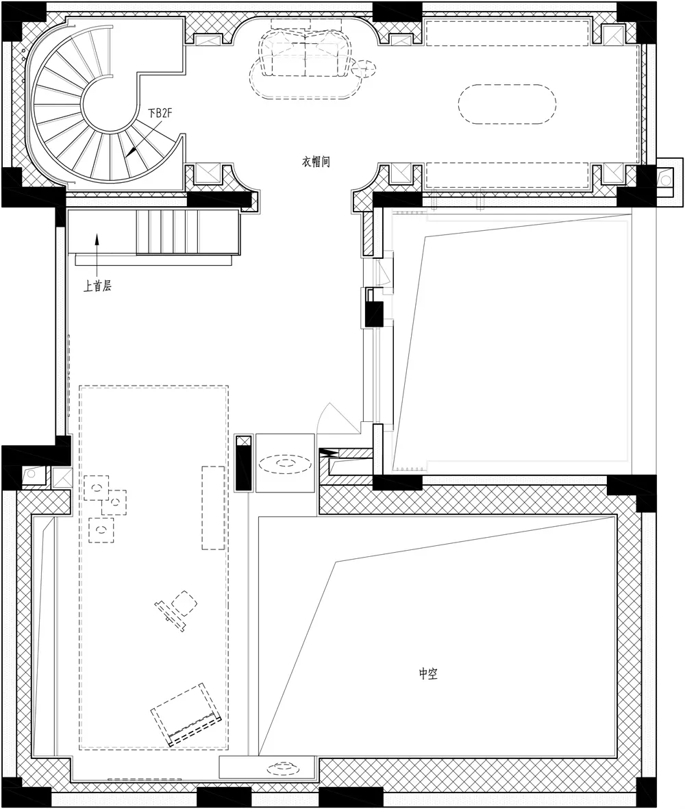 一張黑白建築平面圖,呈現現代室內設計,包含樓梯與客廳。