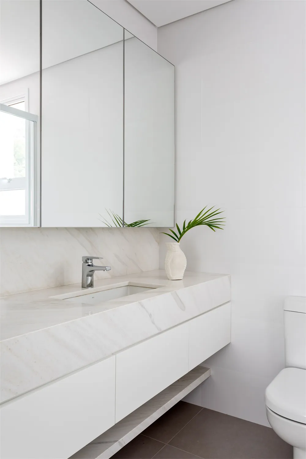 Modern bathroom featuring a marble countertop and a potted plant.