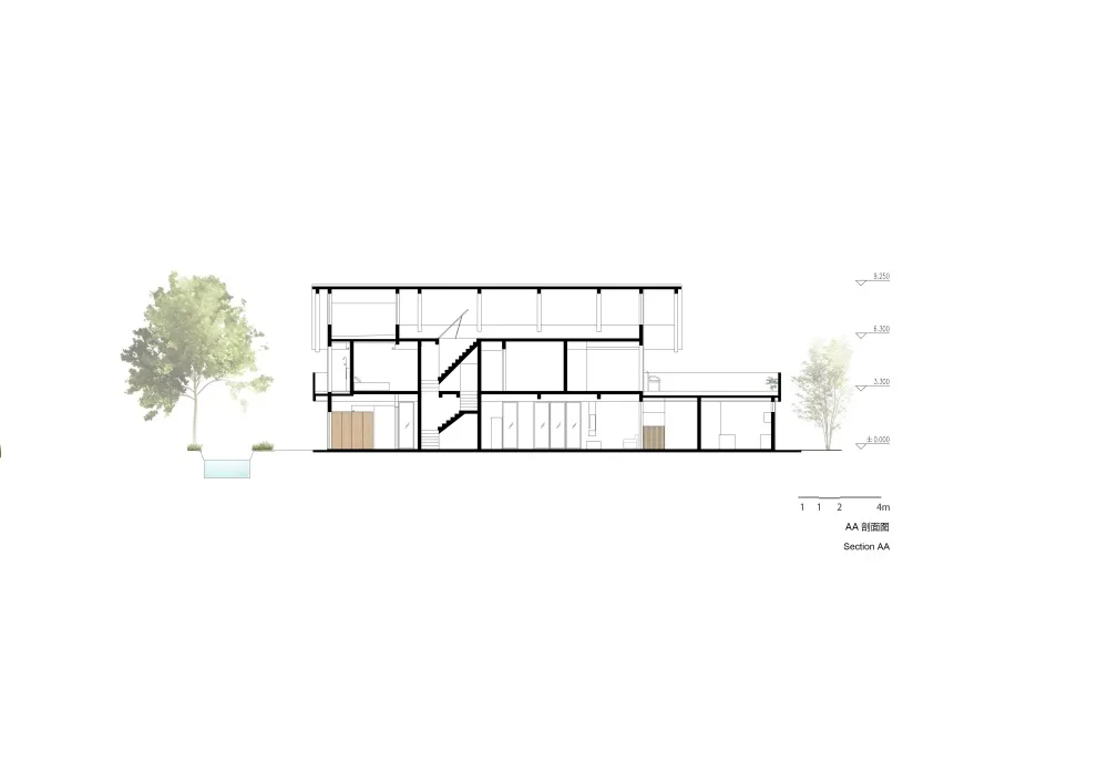 一張詳細的現代住宅建築平面圖，展示多個房間與開放空間。