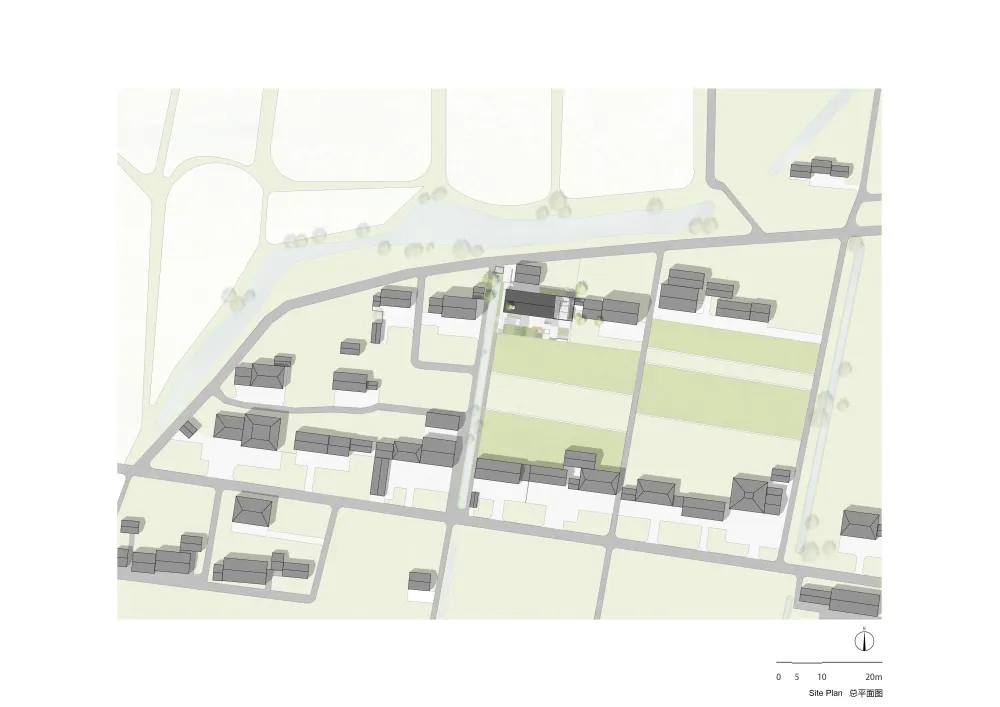2D architectural drawing of an urban development site plan showing buildings, roads, and open spaces.