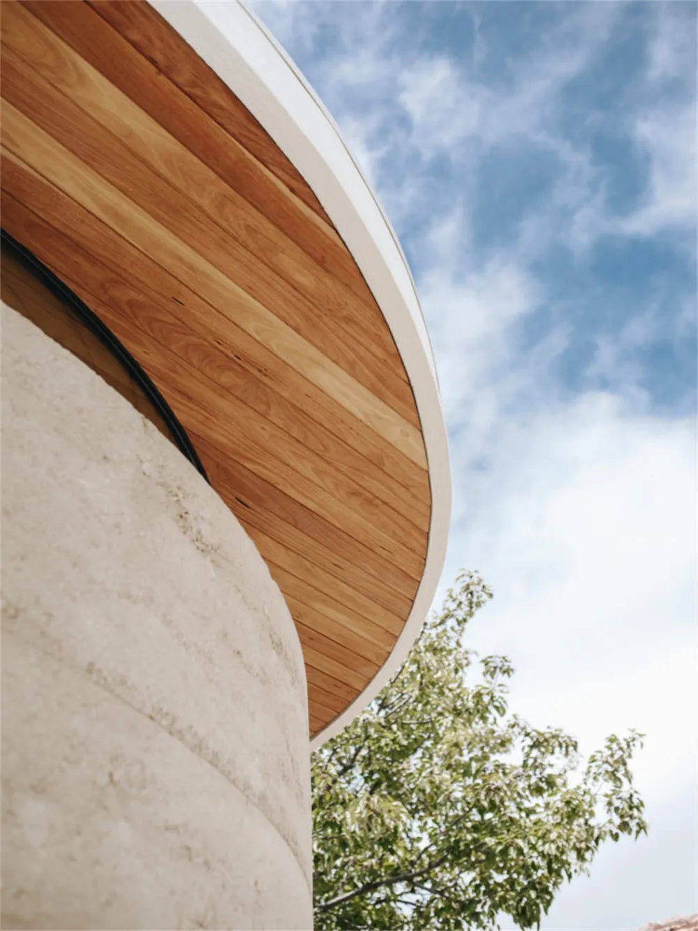 A curved wooden panel with white trim against a clear blue sky and tree branches.
